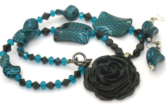 Black Rose with Teal Beaded Necklace, 54cm - with Earrings