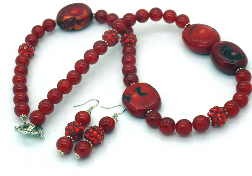 Red Coral and Bling Beaded Necklace, 54cm - Plus Earrings