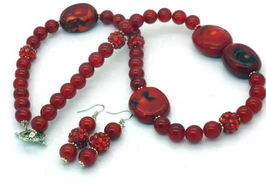 Red Coral and Bling Beaded Necklace, 54cm - Plus Earrings