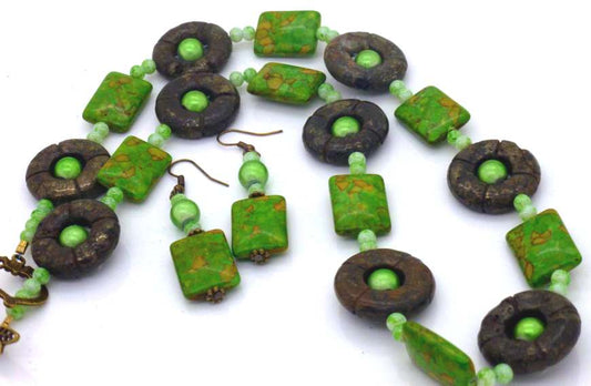 Pyrite Round Donut Beads with Green Beaded Necklace, 54cm - with Earrings,
