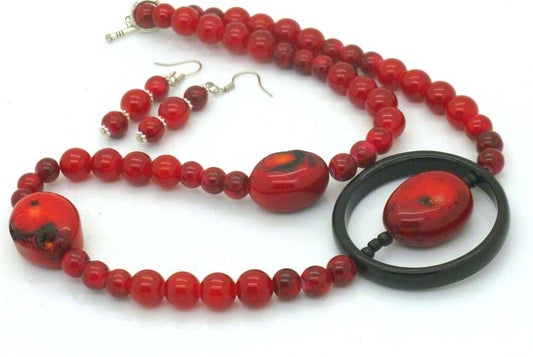 Red Coral and Agate Beaded Necklace, 54cm - Plus Earrings