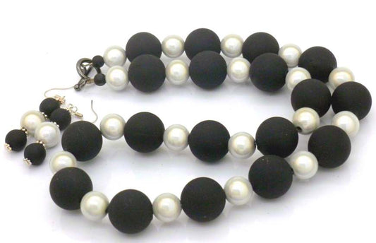 Matt Black with Shimmery Silver Beaded Necklace, 54cm - Plus Earrings