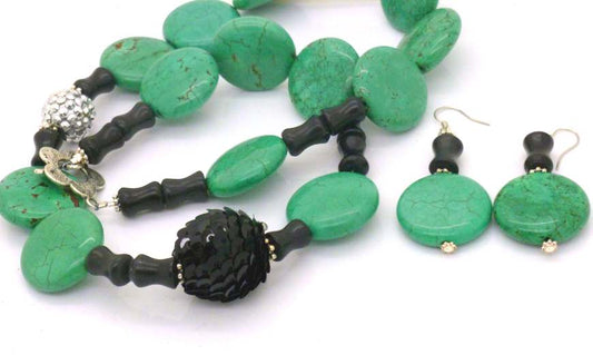 Black Sequin Bead with Teal Beaded Necklace, 54cm - with Earrings,