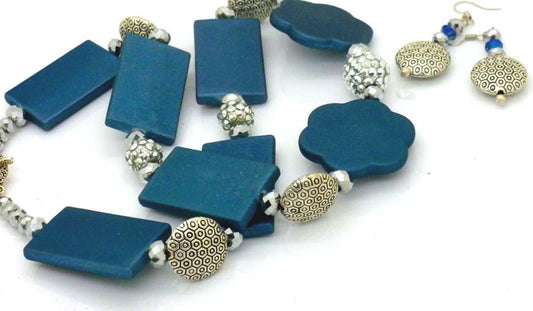 Teal and Silver Beaded Necklace, 54cm - Plus Earrings