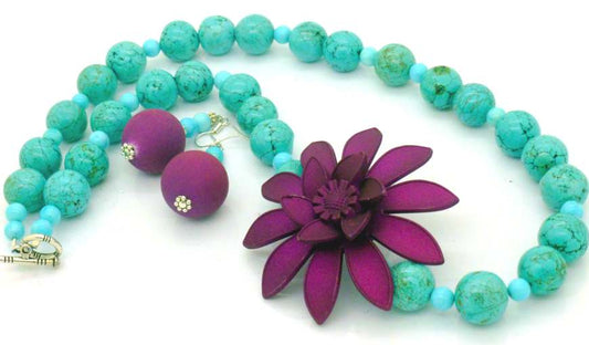 Purple Flower Beaded Necklace, 54cm - Plus Earrings  - Party Necklace!