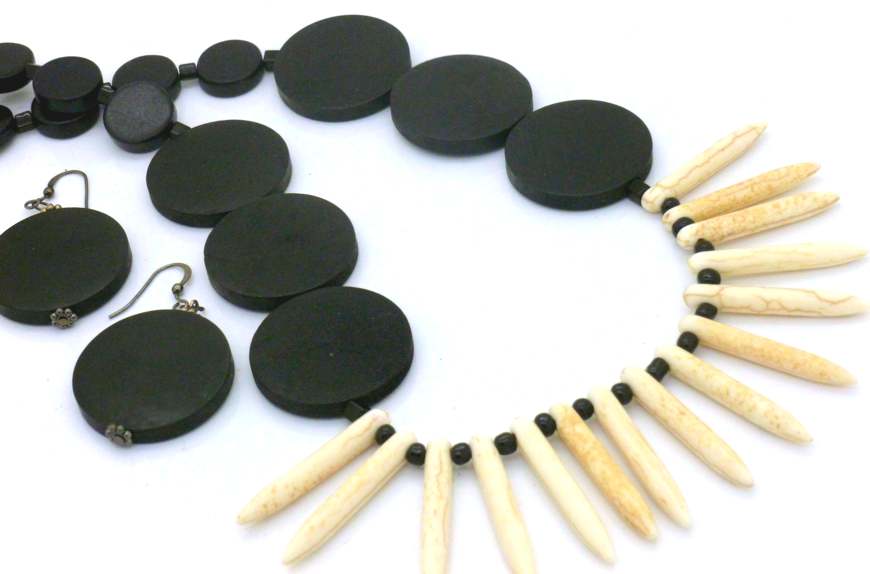 Spikey Spikes Cream Black Tribal Necklace, 54cm - with Earrings