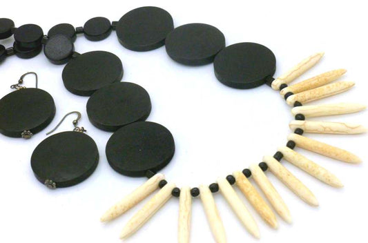 Spikey Spikes Cream Black Tribal Necklace, 54cm - with Earrings