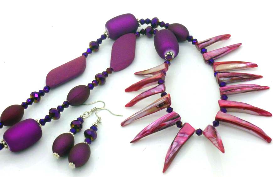 Purple and Spikes Beaded Necklace, 54cm - Plus Earrings