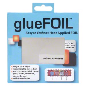 Metal foil, glueFOIL, stainless steel and glue, natural stainless, 4x4-inch square. 5pcs, 38 gauge