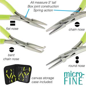 Microfine Pliers with Spring, Chain Nose, Round Nose, Flat Nose, Bent Nose - plus a case