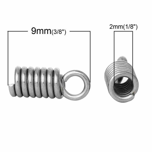 End Coil Tips, length 9 x 3.5mm, (fits 2mm cord) 100pcs - Stainless Steel