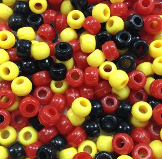 Pony Beads Mix, 9mm, Red Black Yellow, 250 grams - approx 900pcs