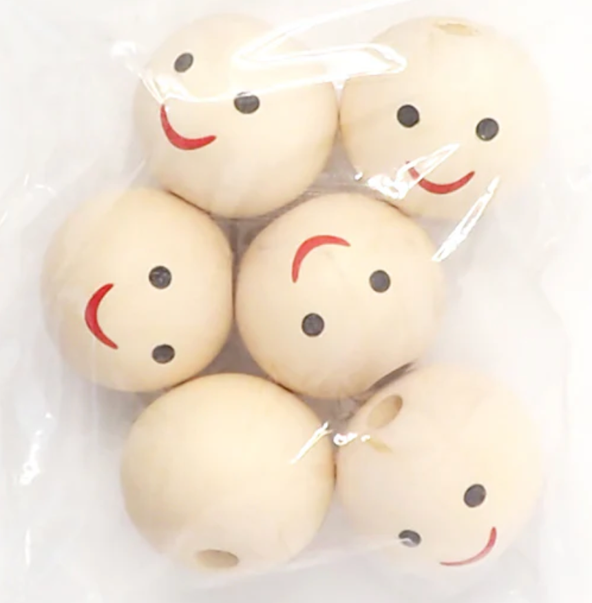 Wooden Beads Round, 25mm, hole 4mm, Natural with Smile face, 6pcs