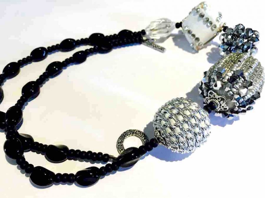 Chunky Necklace Handmade, Black & Silver Highlights, 54cm