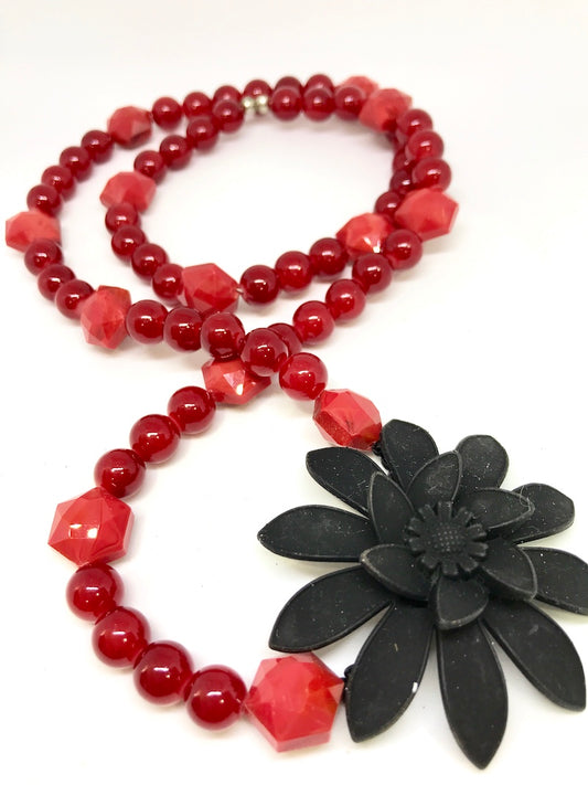 Black Flower, Red Glass Beaded Statement Necklace, 76 cm