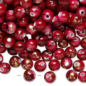 Bead, acrylic, red with gold/silver/black speckles, 6mm round. 800pcs