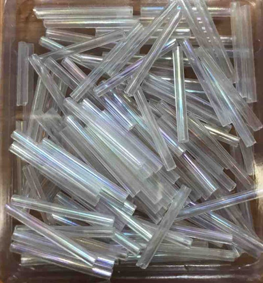 Bugle Beads, 25mm, Clear AB, 25 grams  Czech Glass