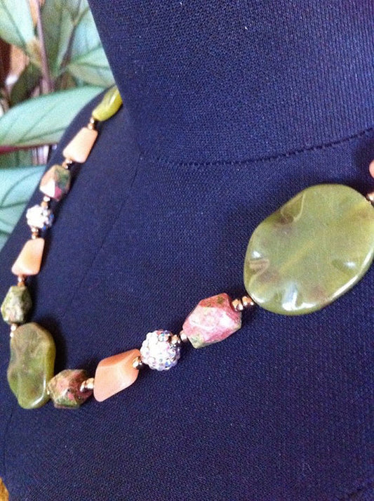 Womens Beaded Necklace, Adventurine Gemstone, Peach and Olive toning, 54cms