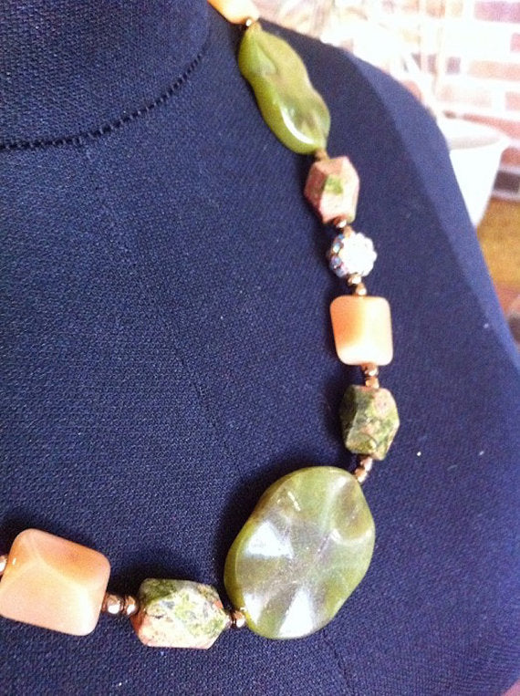Womens Beaded Necklace, Adventurine Gemstone, Peach and Olive toning, 54cms