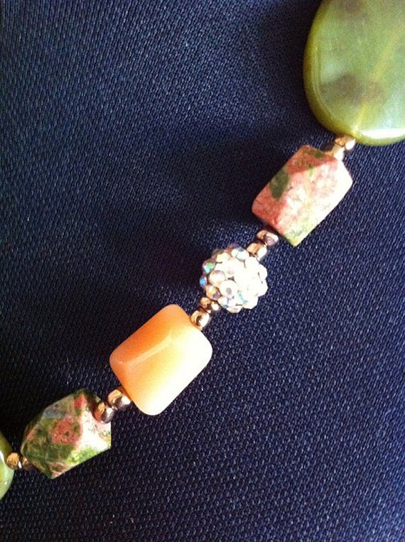 Womens Beaded Necklace, Adventurine Gemstone, Peach and Olive toning, 54cms