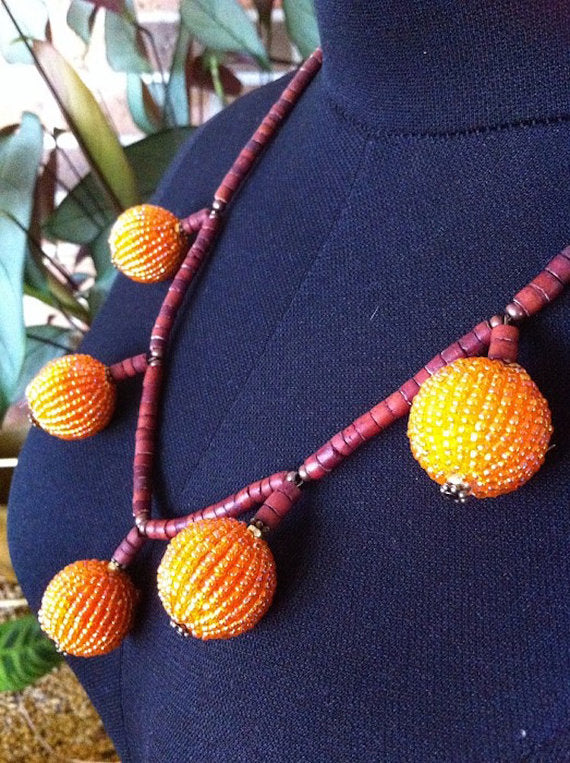 Womens Handmade Necklace, Orange Bauble Beaded, 54cm