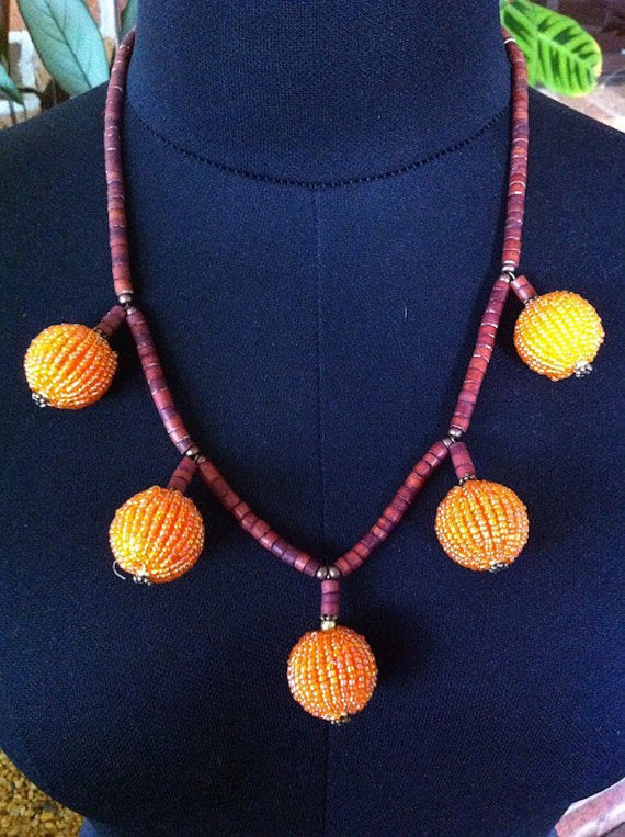 Womens Handmade Necklace, Orange Bauble Beaded, 54cm