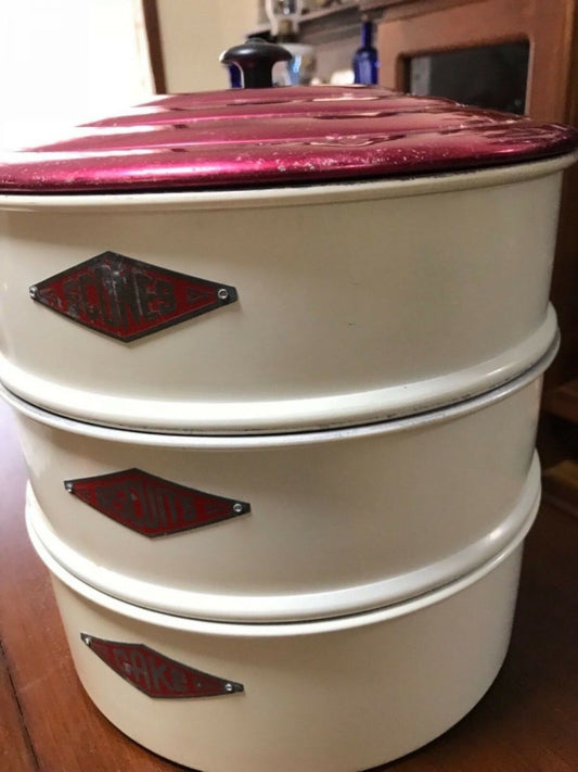 Vintage Enamel 3 Tiered Canisters- Cake Scones Biscuits, Red White