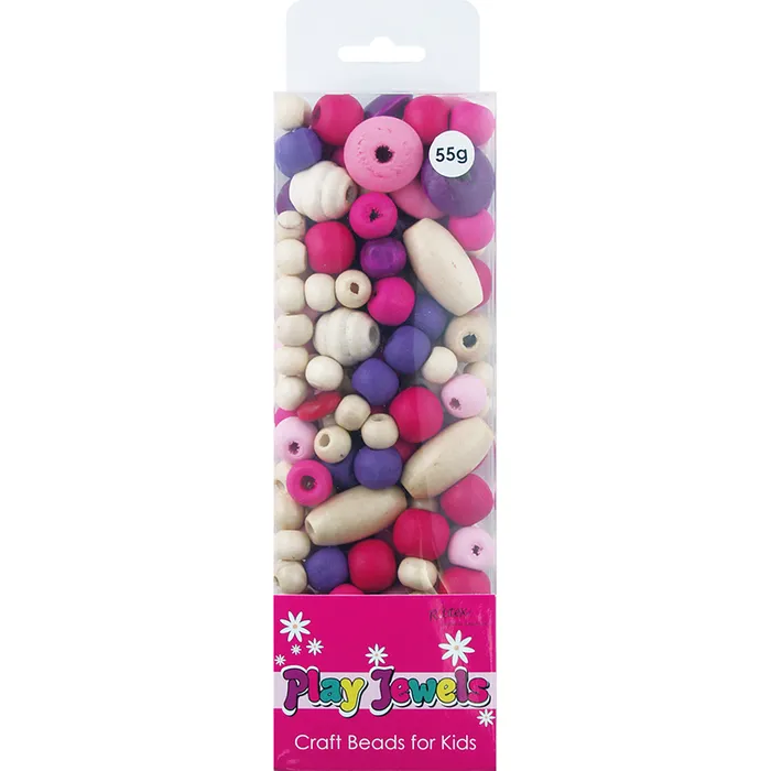 Wooden Beads Mix, Assorted shapes, 50 grams Pink Purple White