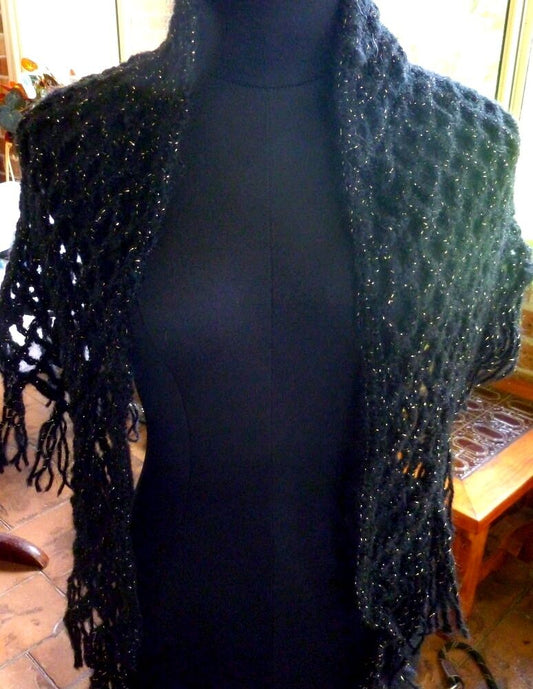 Shawl, Crocheted - Black with Gold Flecks, Brand New, Handmade