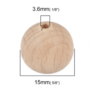 Wooden Beads Round, 15mm, 20pcs, BEECH WOOD