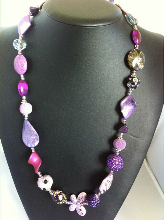 Necklace, lavendar tones, 68 cm - Handmade