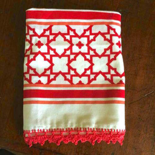 Tea Towels, Crocheted Edges, Set of 3, Red and White, Brand New