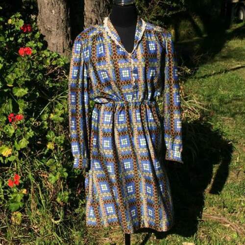 Dress 1970's, Handmade, Green Blue geometric Print, Brand New