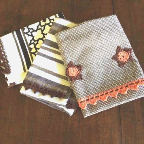 Handmade Crochet Tea Towels - 3 Towels - Brown and White