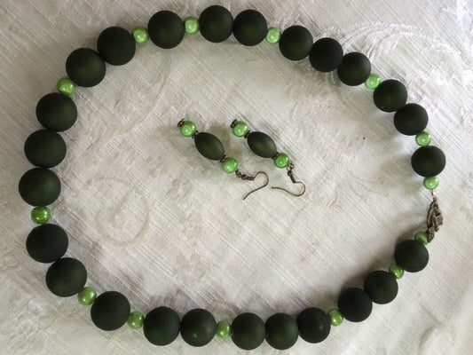 Necklace, Dark Olive with lime Beads, Handmade, 54 cm,