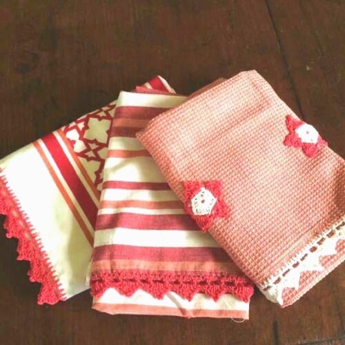 Tea Towels, Crocheted Edges, Set of 3, Red and White, Brand New