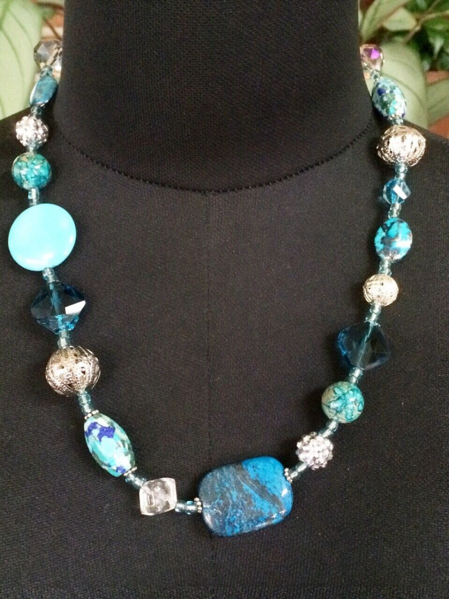 Womens Necklace, Blues and Silver, Handmade, 54 cm
