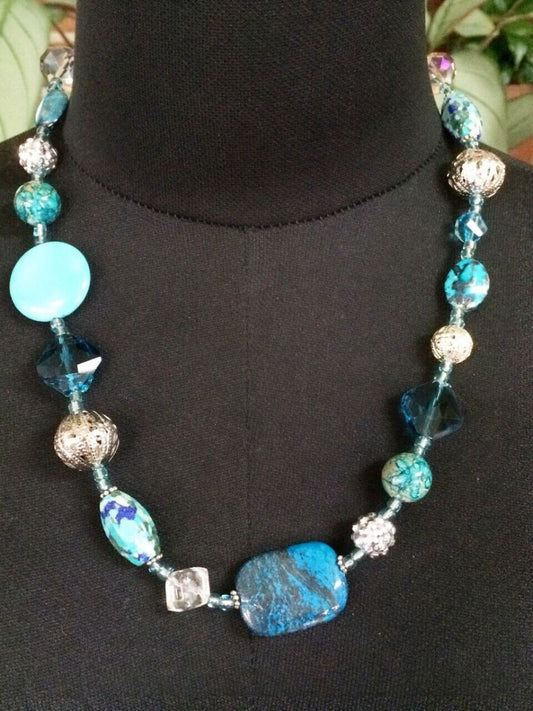 Womens Necklace, Blues and Silver, Handmade, 54 cm