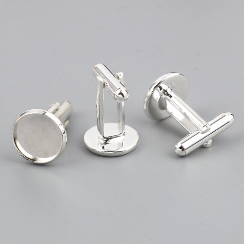 Silver Plate, Cuff link, 26x14mm, (fit 12mm dia) round bezel 5 pcs