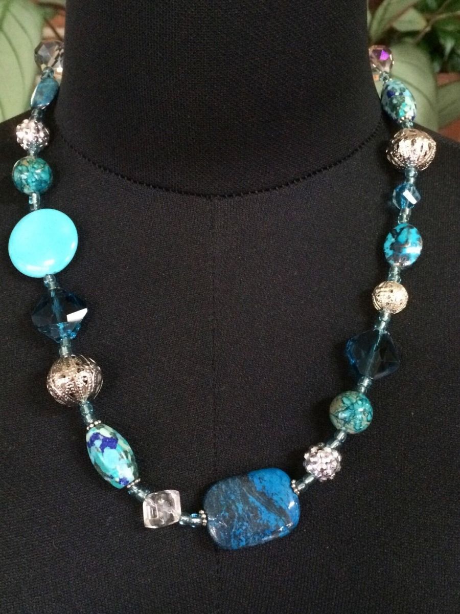Womens Necklace, Blues and Silver, Handmade, 54 cm