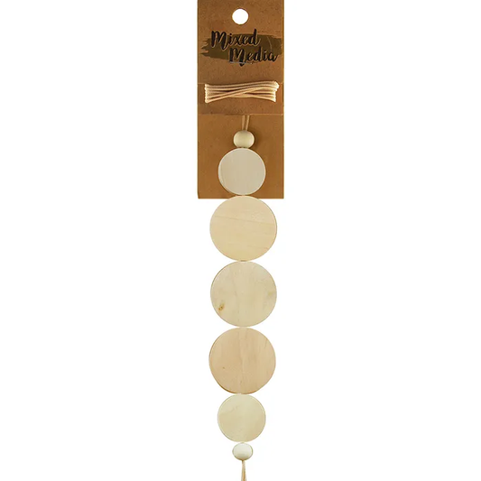 Wooden Beads, Flat Round Mix 7pcs + Twine
