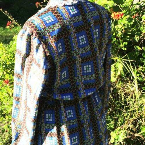 Dress 1970's, Handmade, Green Blue geometric Print, Brand New
