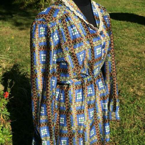 Dress 1970's, Handmade, Green Blue geometric Print, Brand New