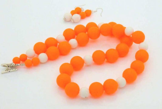 Orange and White Beaded Necklace 54 cm - plus earrings