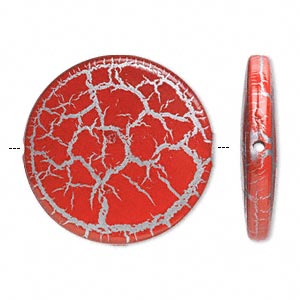 Acrylic bead, crackled red and silver, 32mm puffed flat round. 16pcs