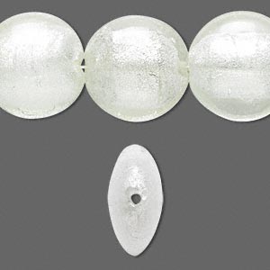 Bead, lampworked glass, clear with silver-colored foil, 20mm puffed flat round. 20pcs