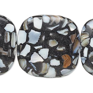 Mother of Pearl Shell and Resin Beads, 30mm black puffed square, 15inch strand
