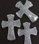Cross Lucite Pendant. Glitter Silver, 43x58mm, 1pc