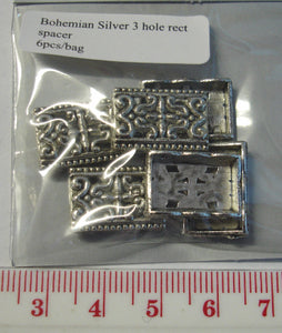 Antique Silver, 3 hole spacer bar, 15 x 10mm, 6pcs