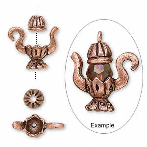 Antique copper pewter fancy teapot bead, 2-piece. Sold individually